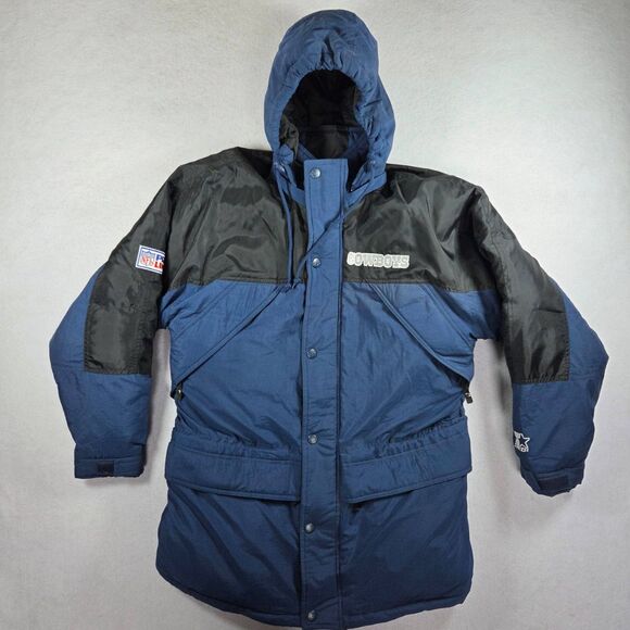 Starter NFL Pro Line Mens Jacket M Blue Black Puffer Hooded Dallas Cowboys - Picture 1 of 14